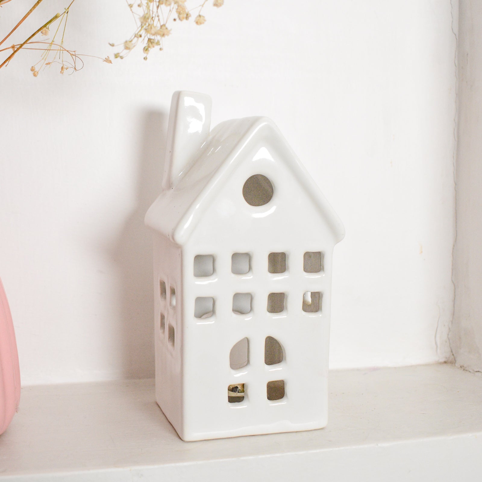 Ceramic Tealight\Dhoop light holder  - White tall house