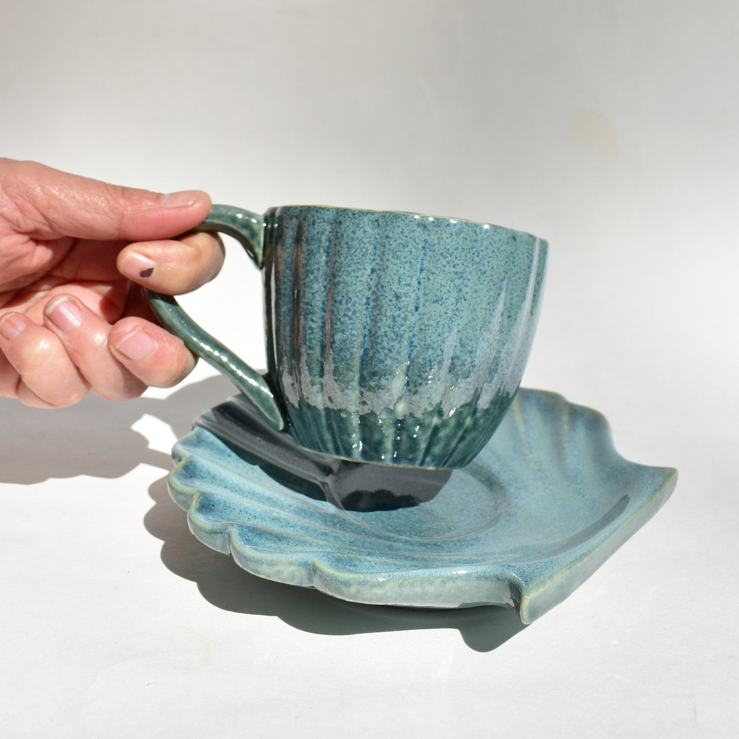 Ceramic Teal Cup and Seashell Coaster Set