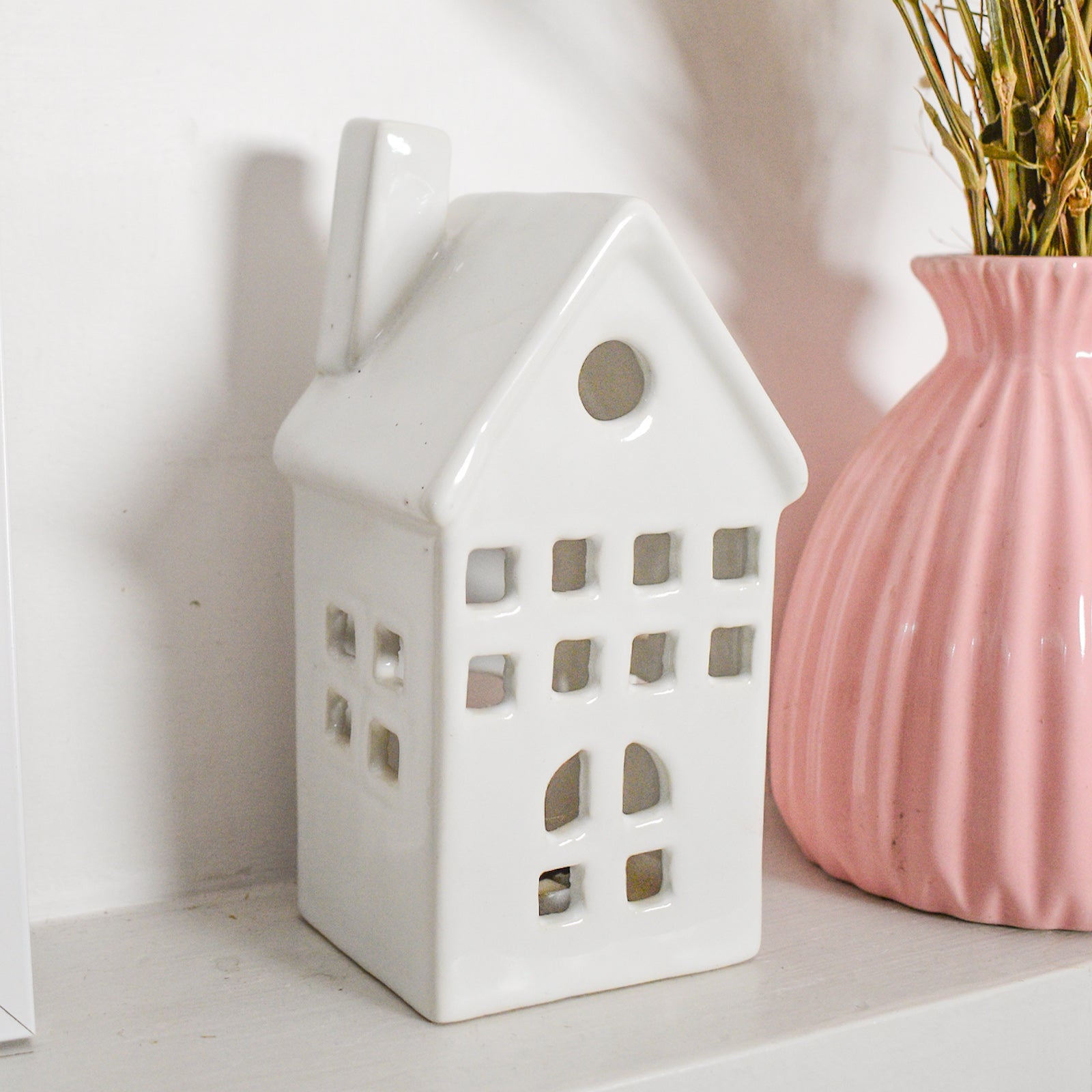 Ceramic Tealight\Dhoop light holder  - White tall house