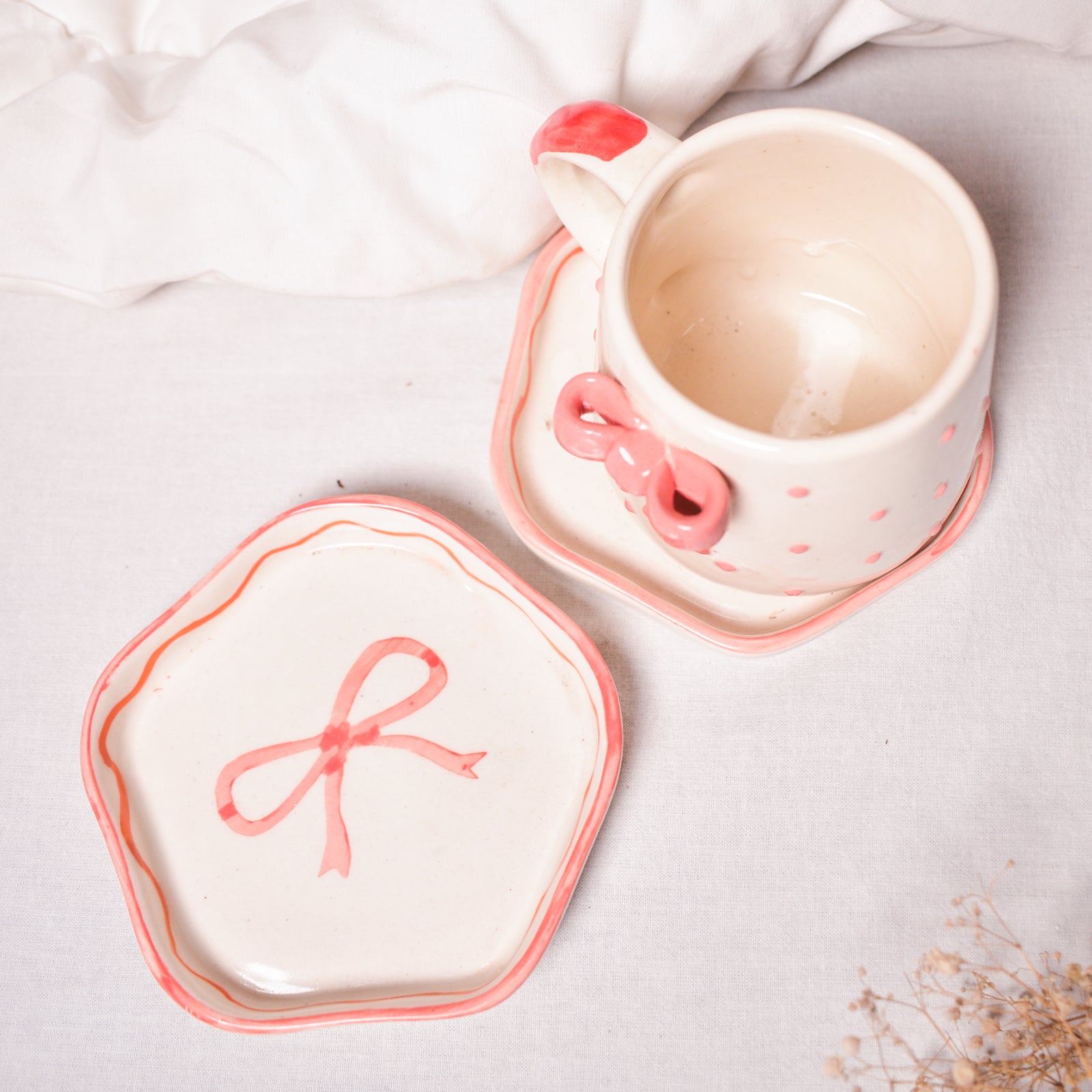 Ceramic Coaster/Trinket Tray - Pink & Blue Bow (Set of 2)