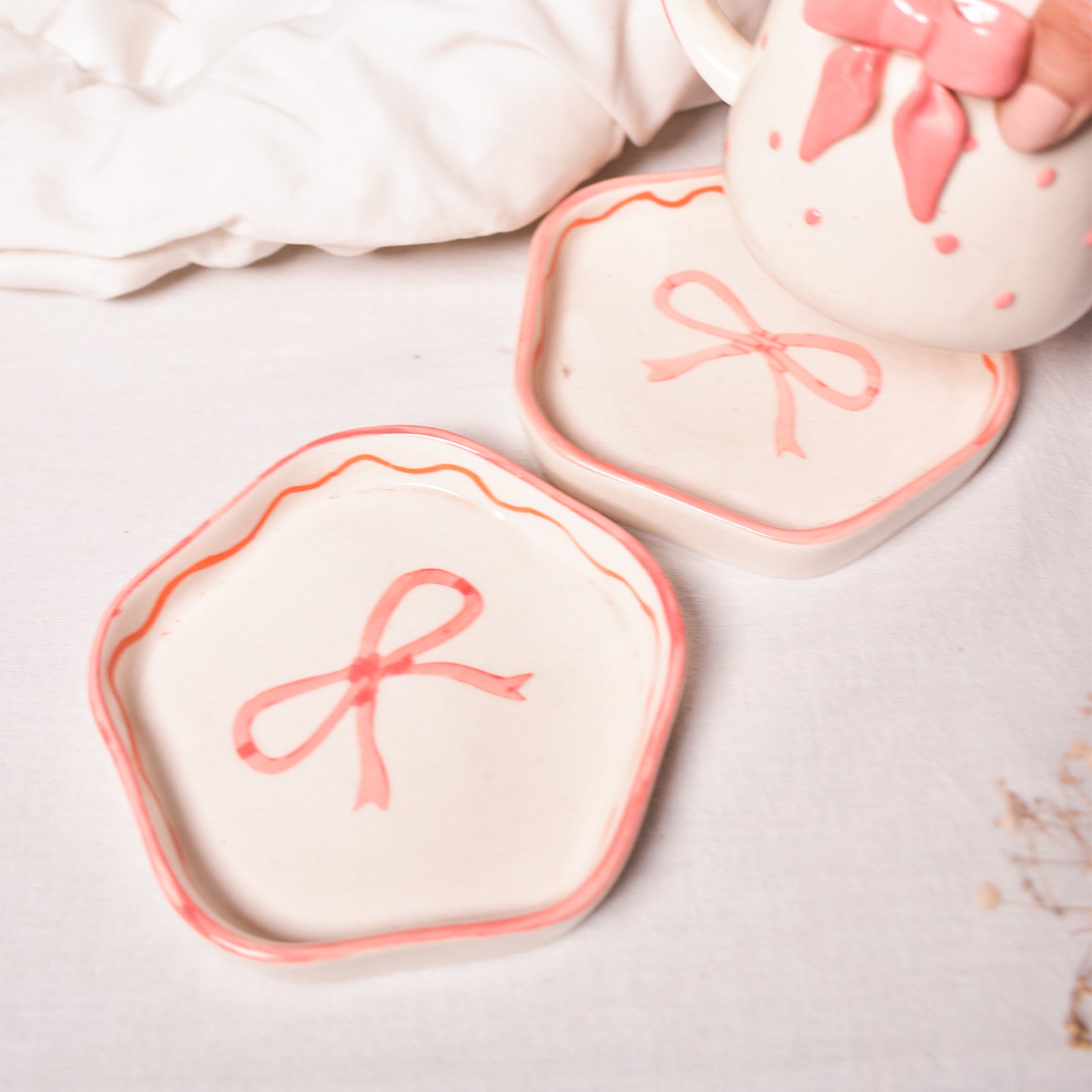 Ceramic Coaster/Trinket Tray - Pink Bow