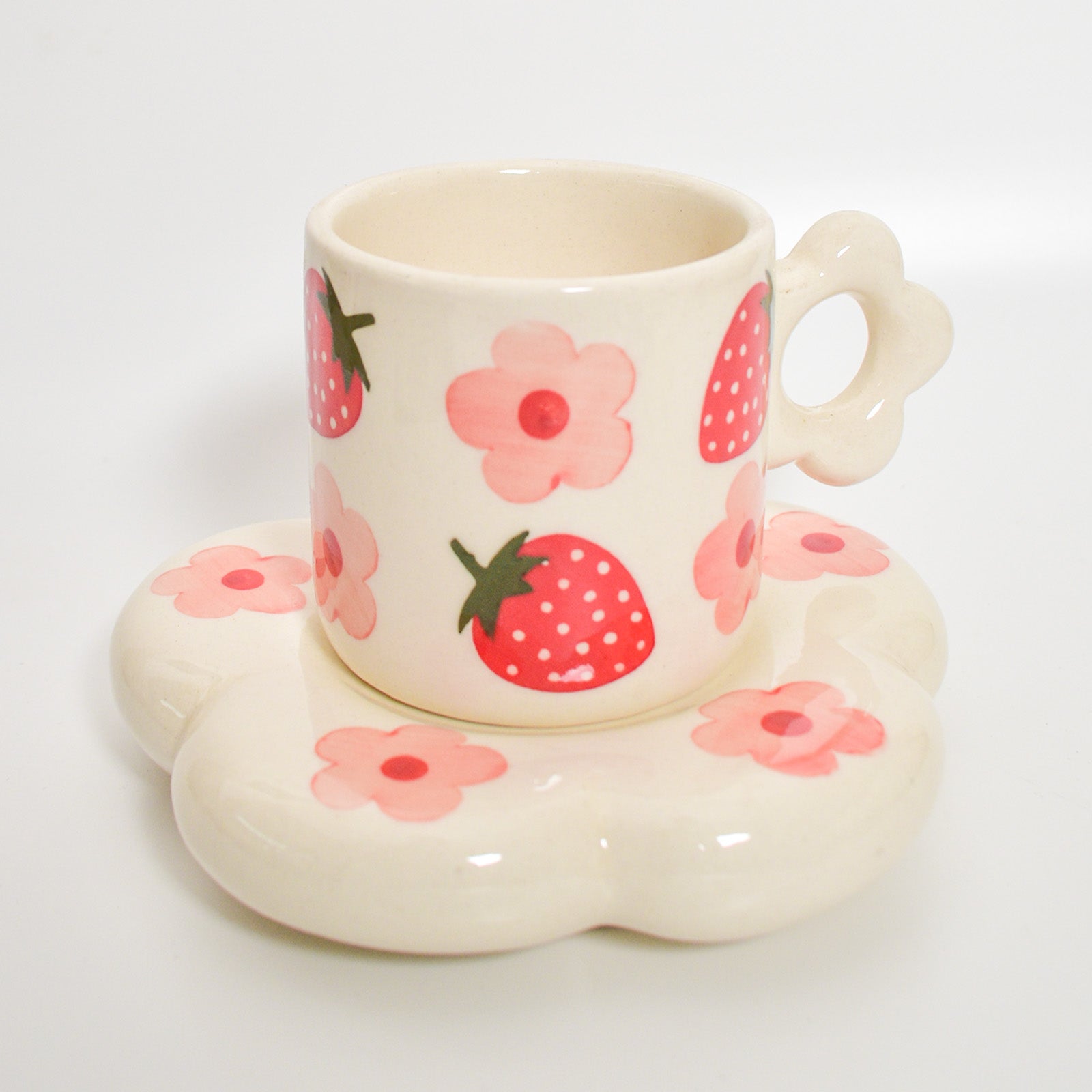 Ceramic Tea Cup & Coaster Set - Strawberry Flowers