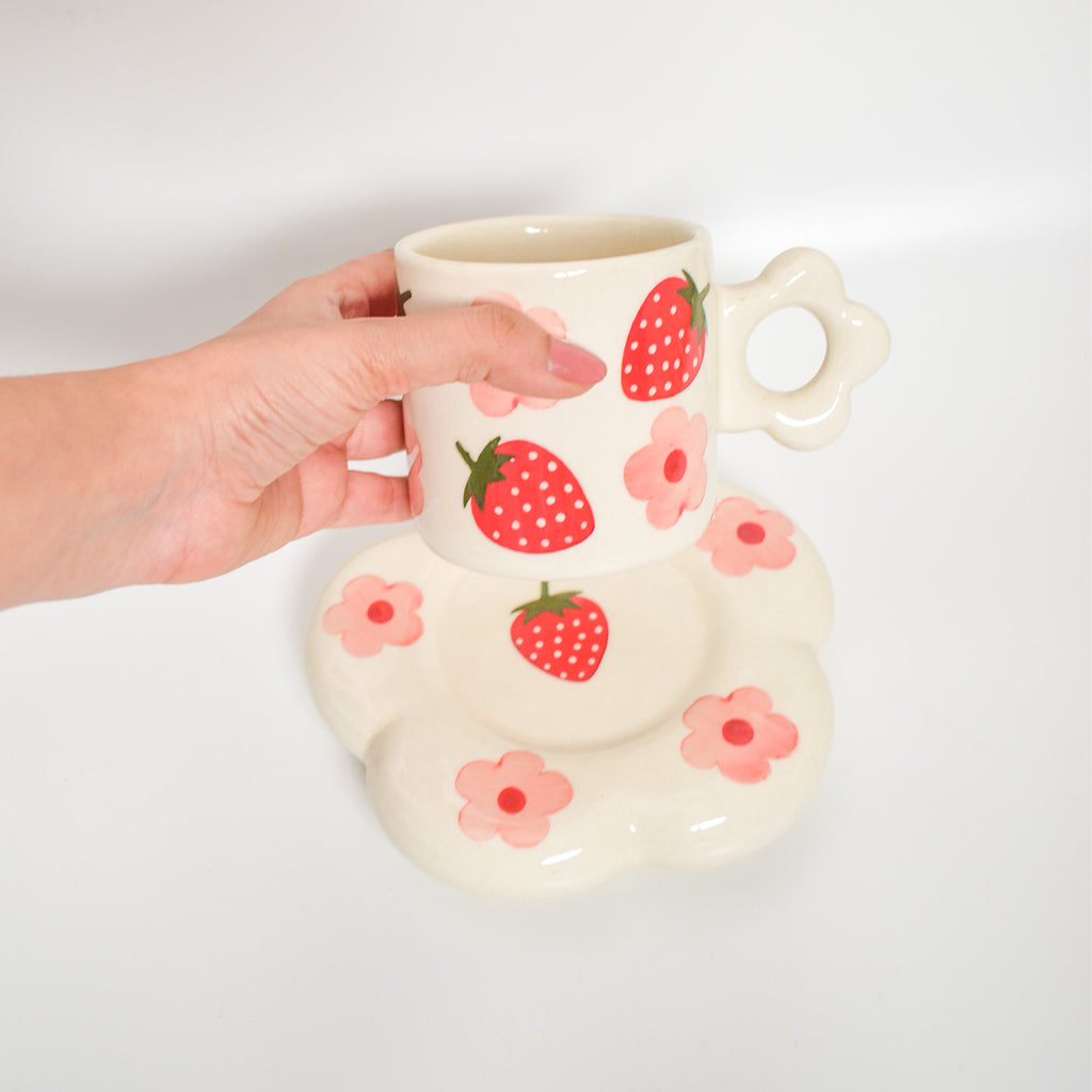Ceramic Tea Cup & Coaster Set - Strawberry Flowers