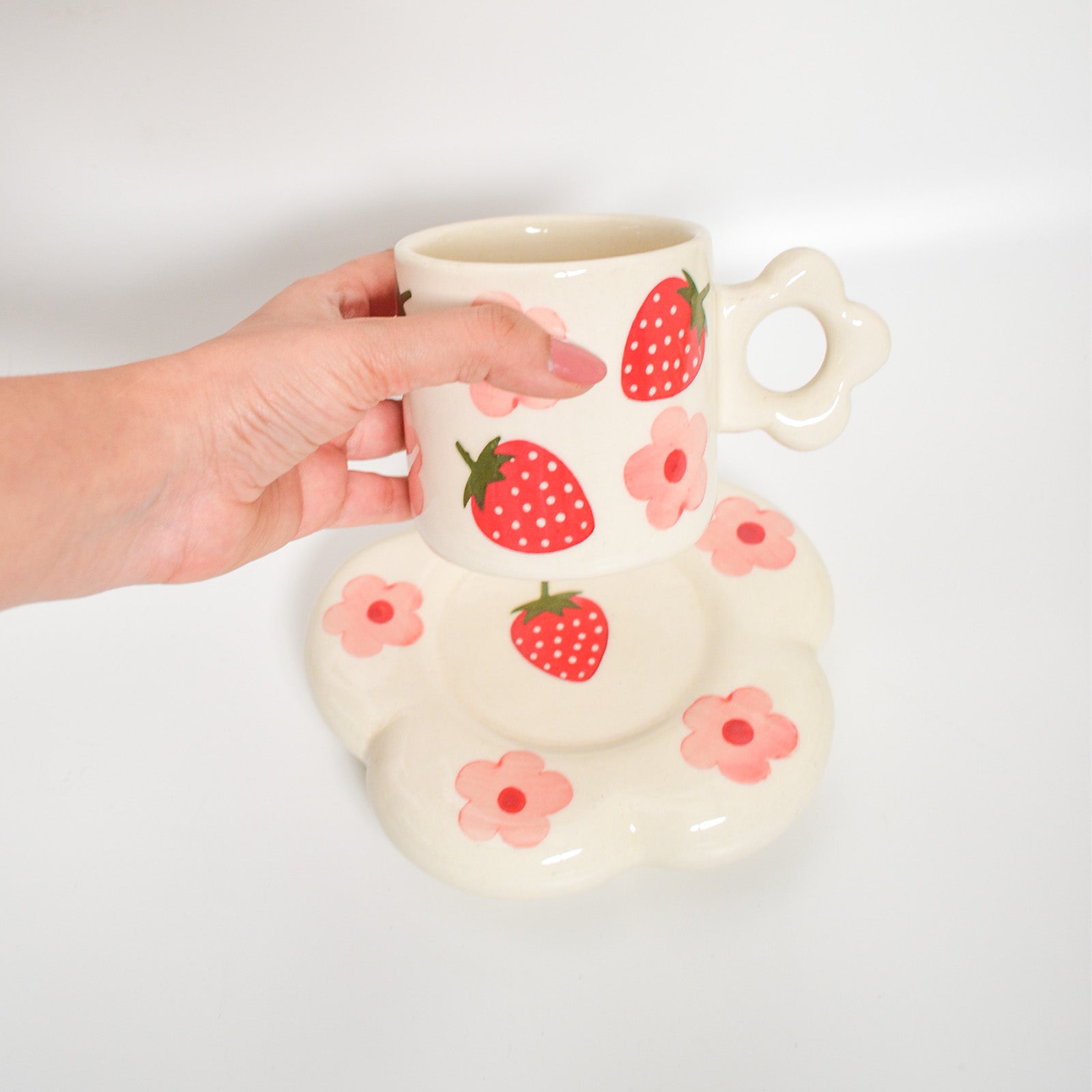 Ceramic Tea Cup & Coaster Set - Strawberry Flowers