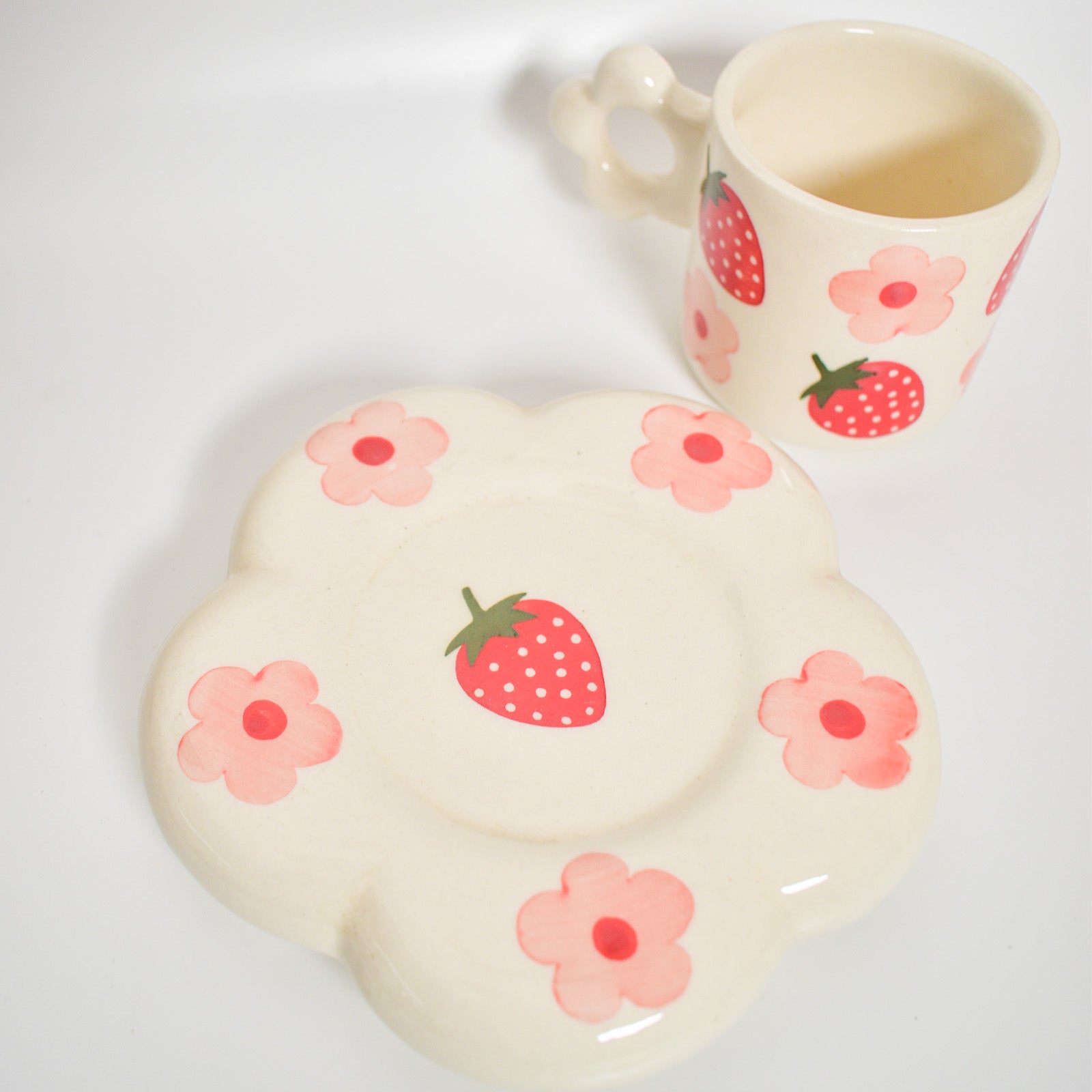 Ceramic Tea Cup & Coaster Set - Strawberry Flowers