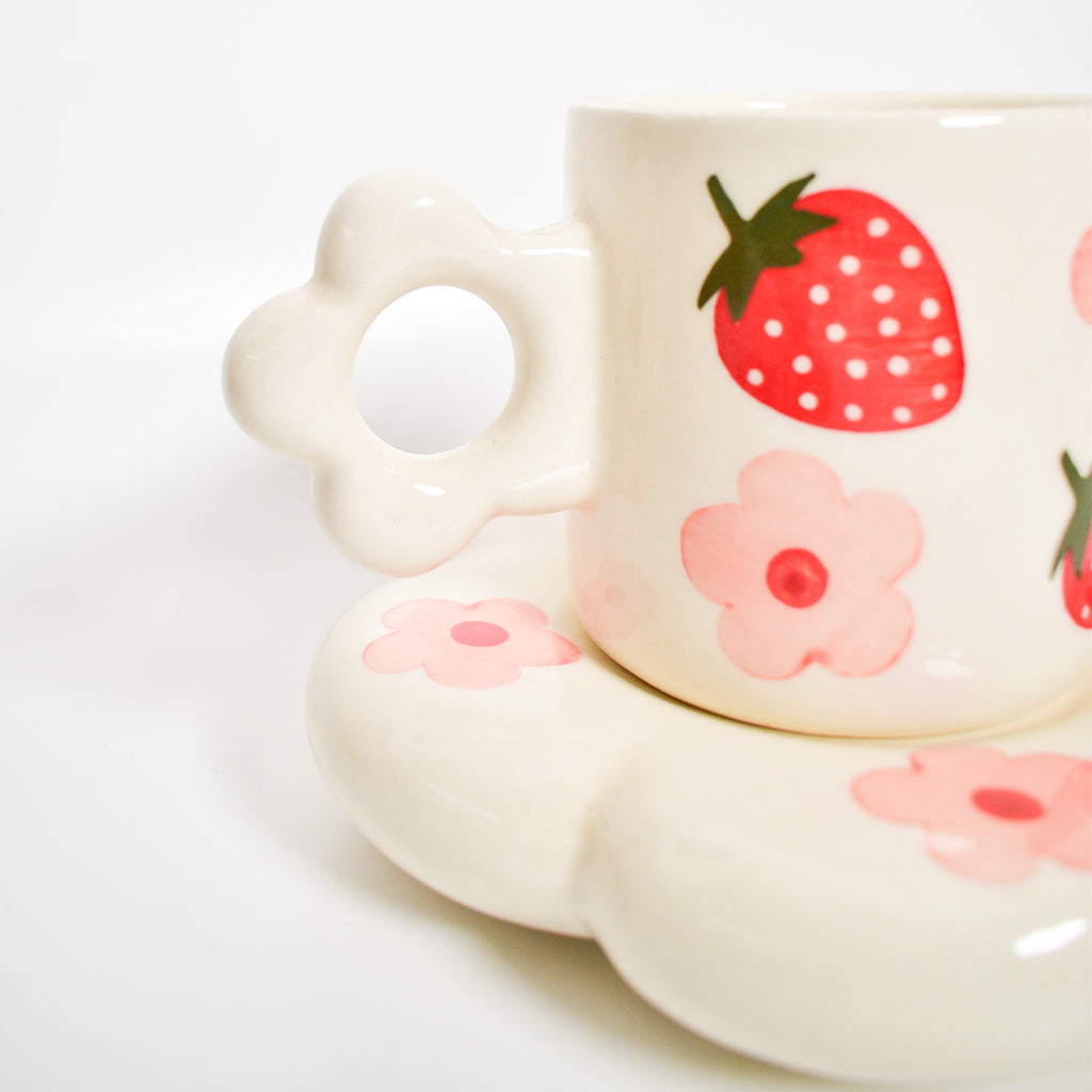 Ceramic Tea Cup & Coaster Set - Strawberry Flowers