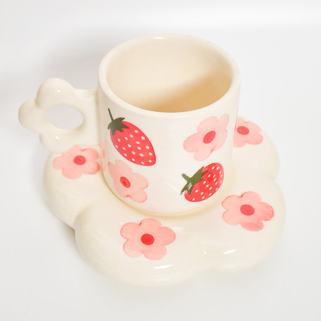Ceramic Tea Cup & Coaster Set - Strawberry Flowers