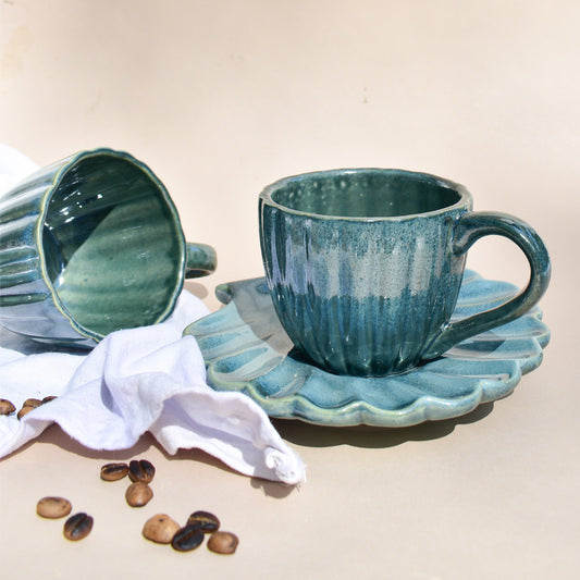 Ceramic Teal Cup and Seashell Coaster Set