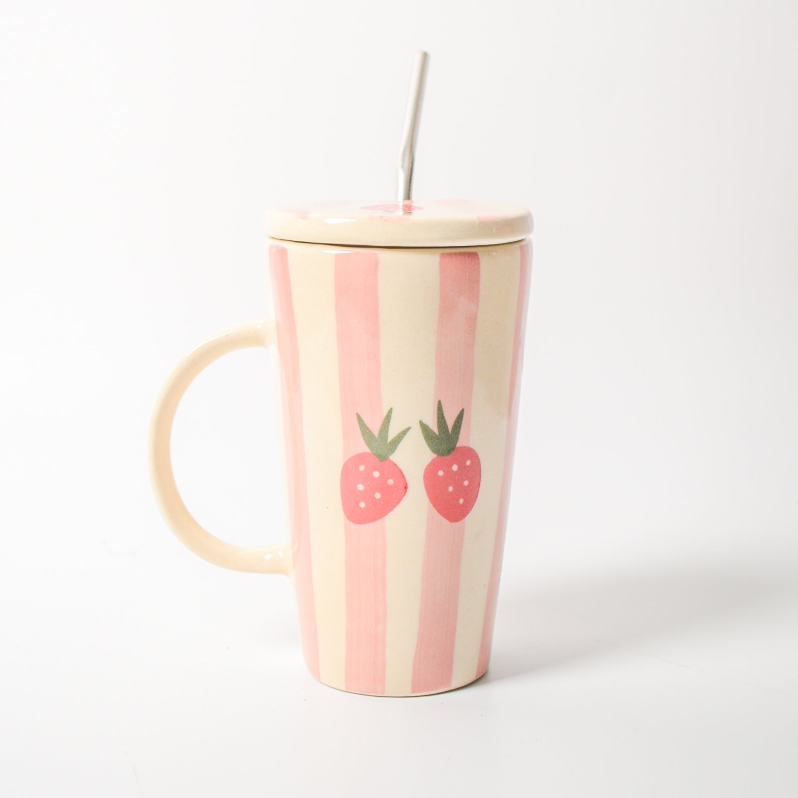 Ceramic Tumbler With Straw - Strawberry Pink Stripe