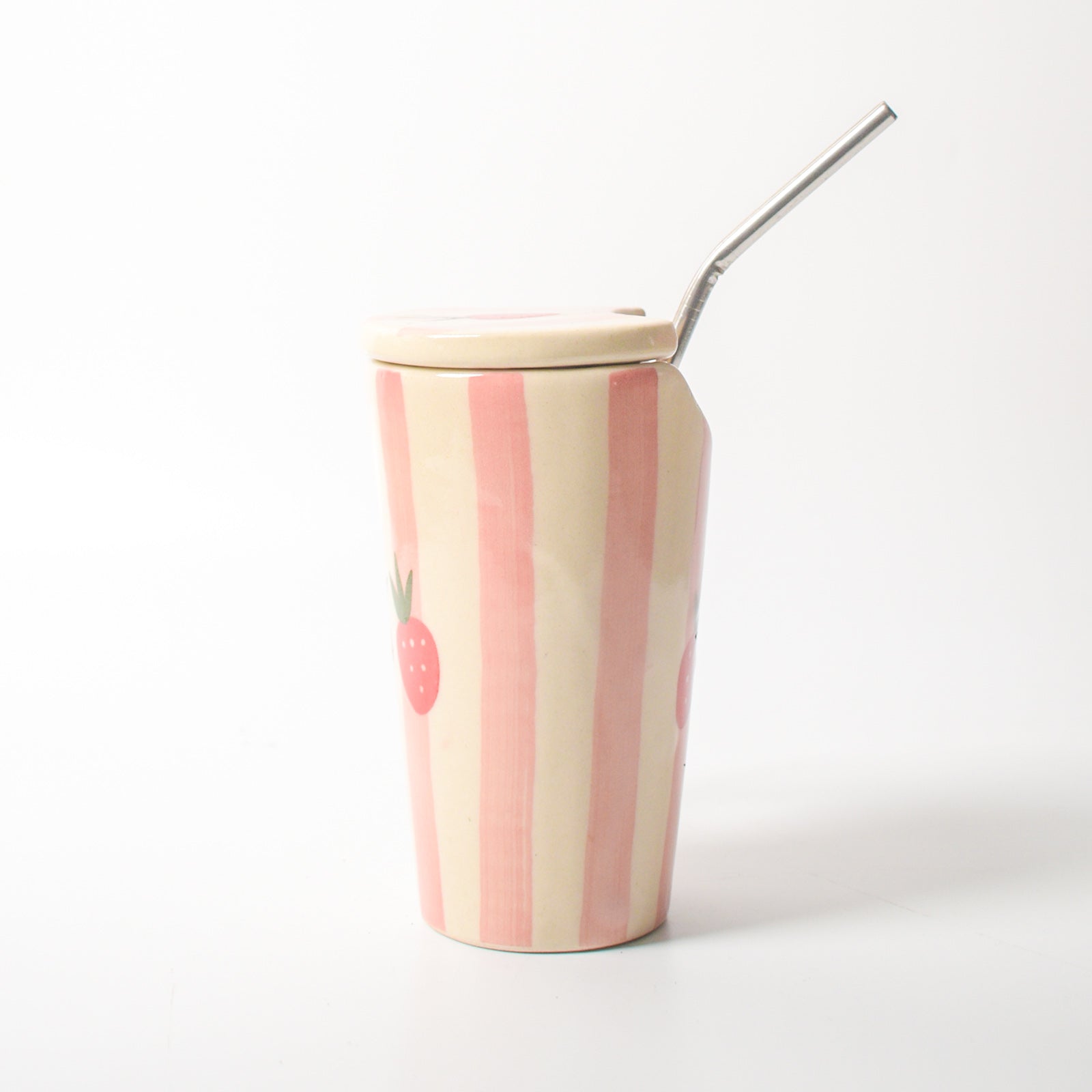 Ceramic Tumbler With Straw - Strawberry Pink Stripe