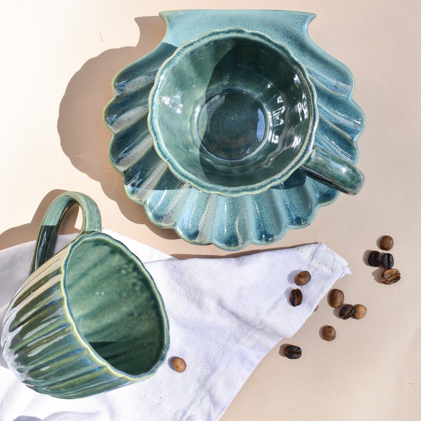 Ceramic Teal Cup and Seashell Coaster Set