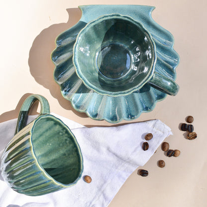 Ceramic Teal Cup and Seashell Coaster Set