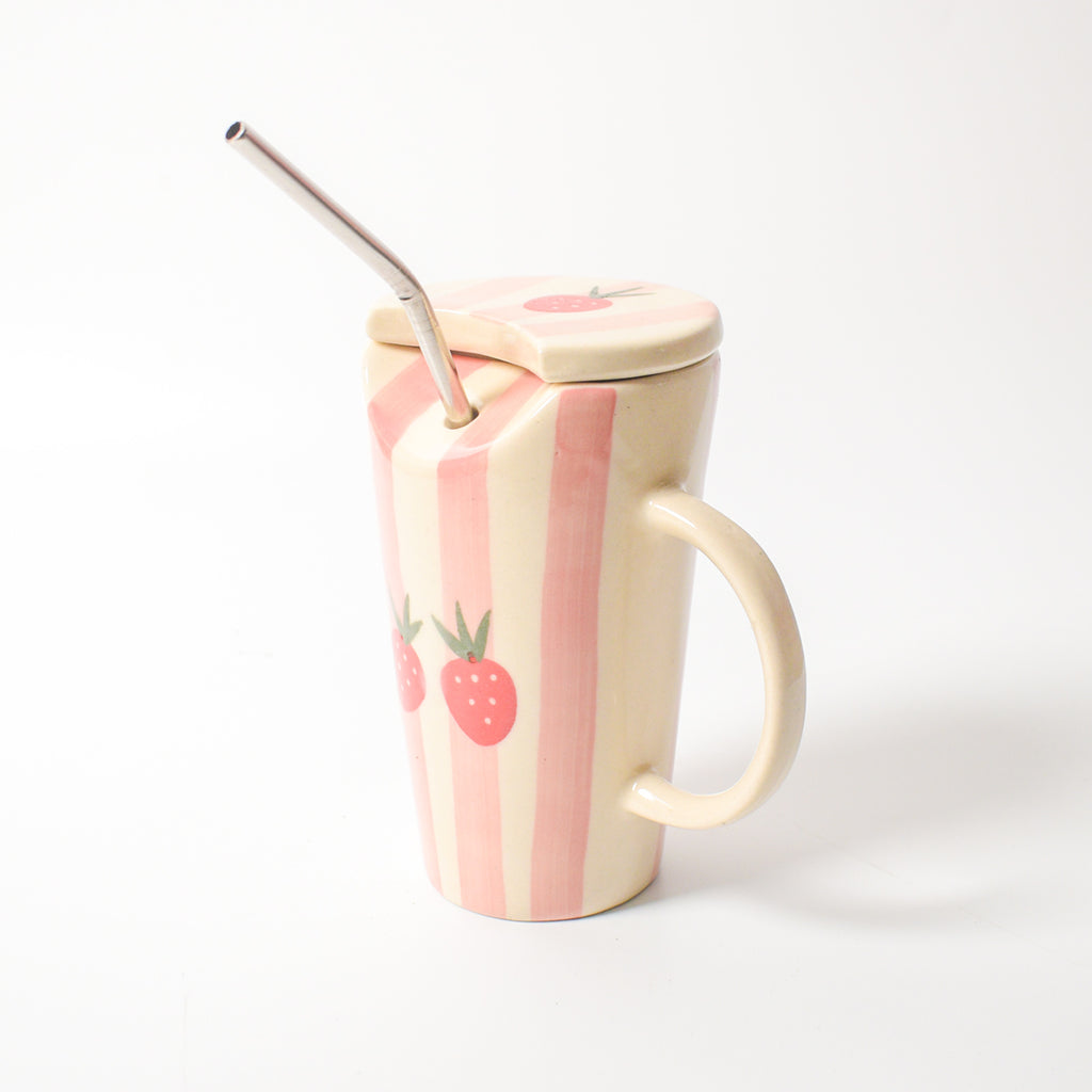 Ceramic Tumbler With Straw - Strawberry Pink Stripe