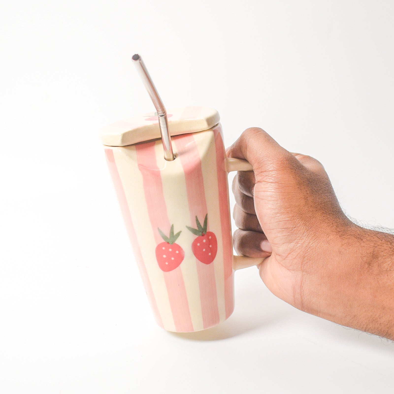 Ceramic Tumbler With Straw - Strawberry Pink Stripe