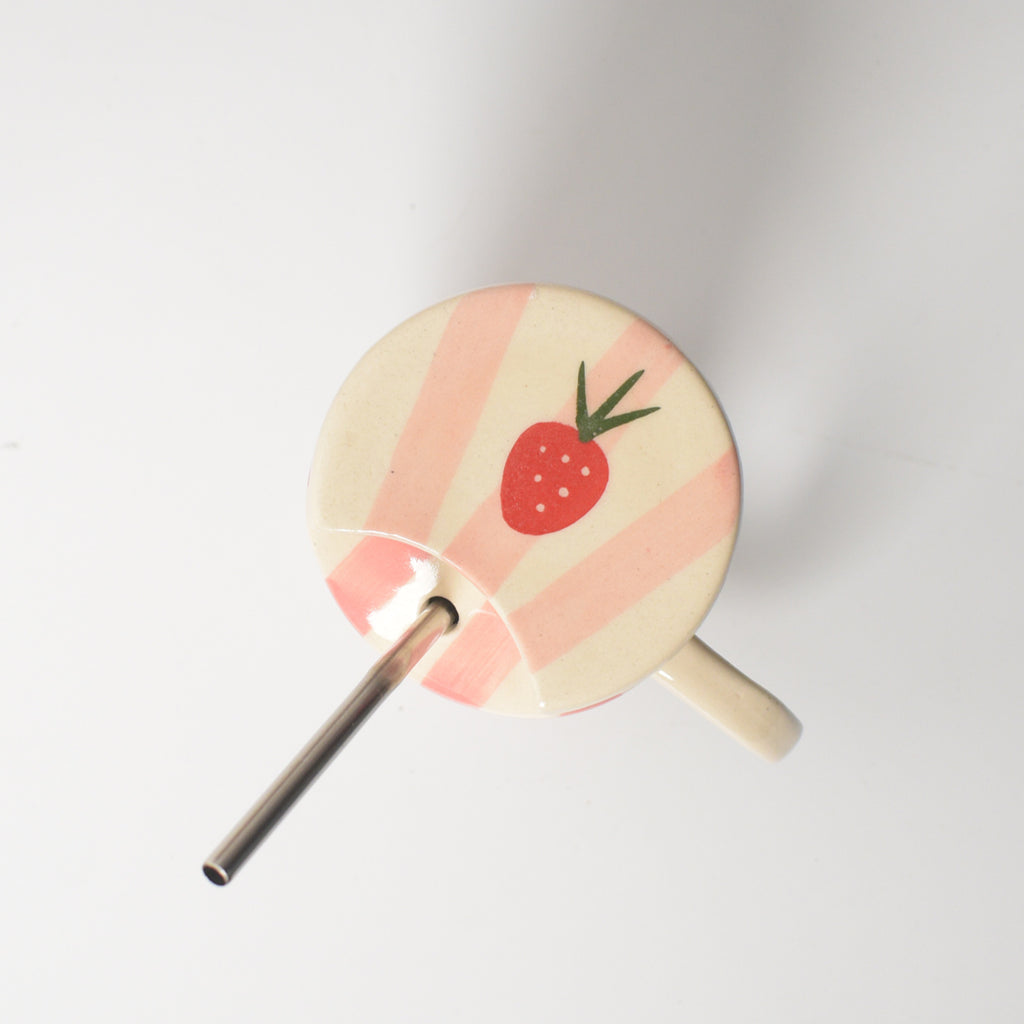 Ceramic Tumbler With Straw - Strawberry Pink Stripe
