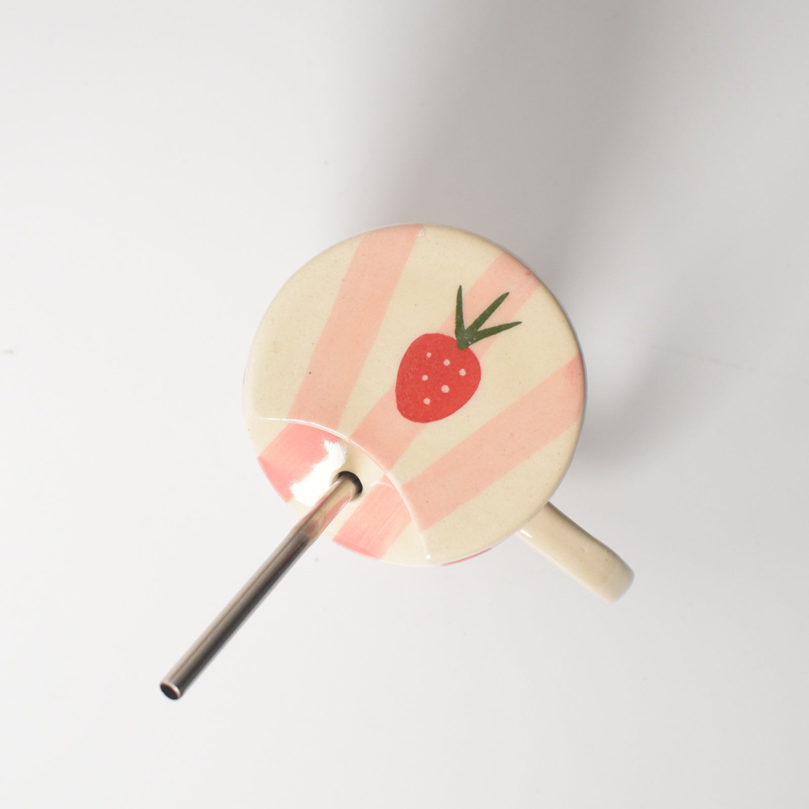 Ceramic Tumbler With Straw - Strawberry Pink Stripe
