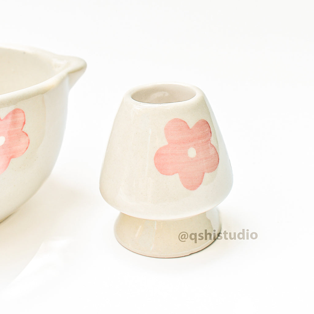 Ceramic Matcha bowl & Whisk Holder - Pink Flower