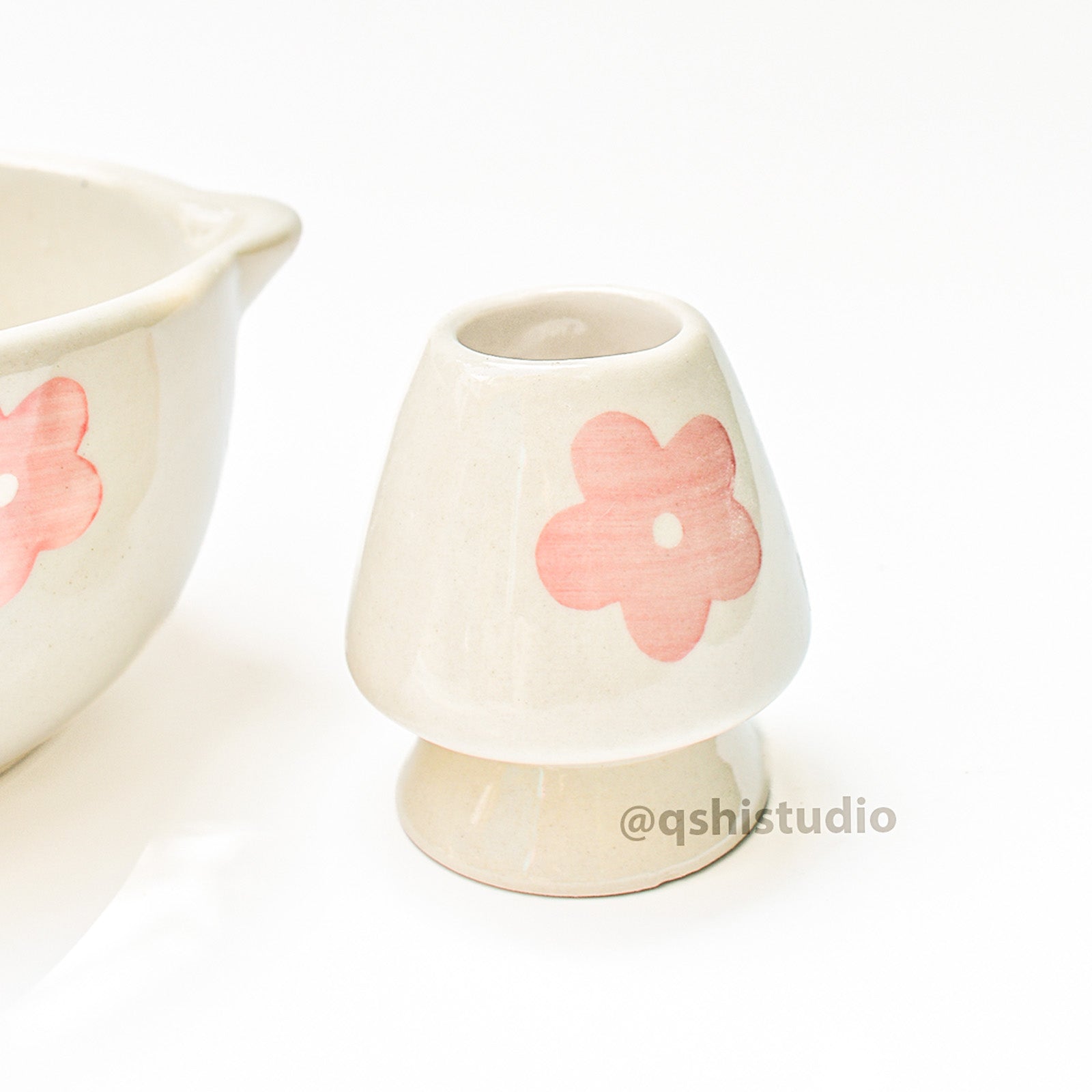 Ceramic Matcha bowl & Whisk Holder - Pink Flower