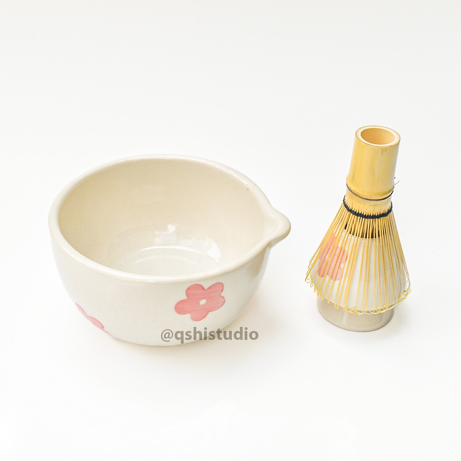 Ceramic Matcha bowl & Whisk Holder - Pink Flower