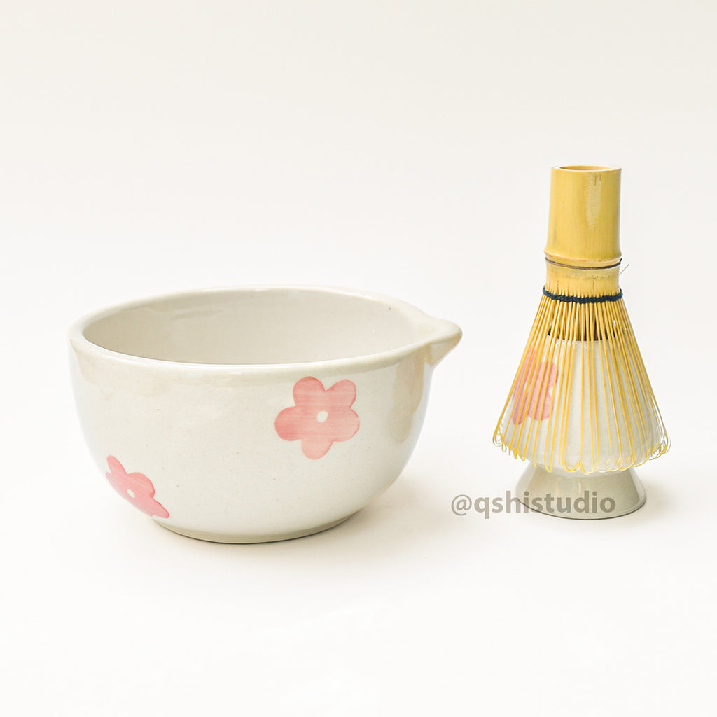 Ceramic Matcha bowl & Whisk Holder - Pink Flower