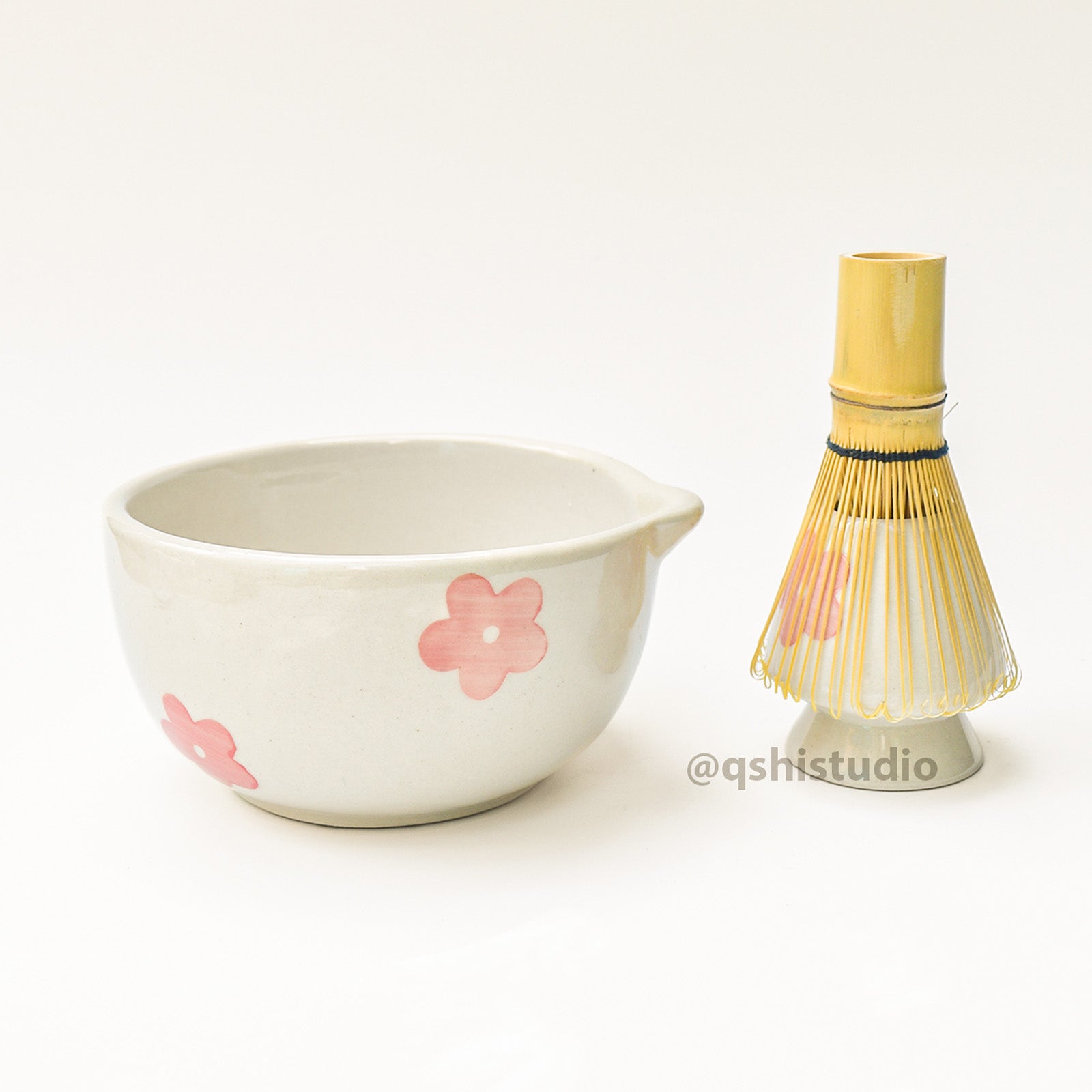 Ceramic Matcha bowl & Whisk Holder - Pink Flower