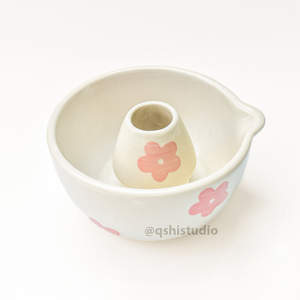 Ceramic Matcha bowl & Whisk Holder - Pink Flower