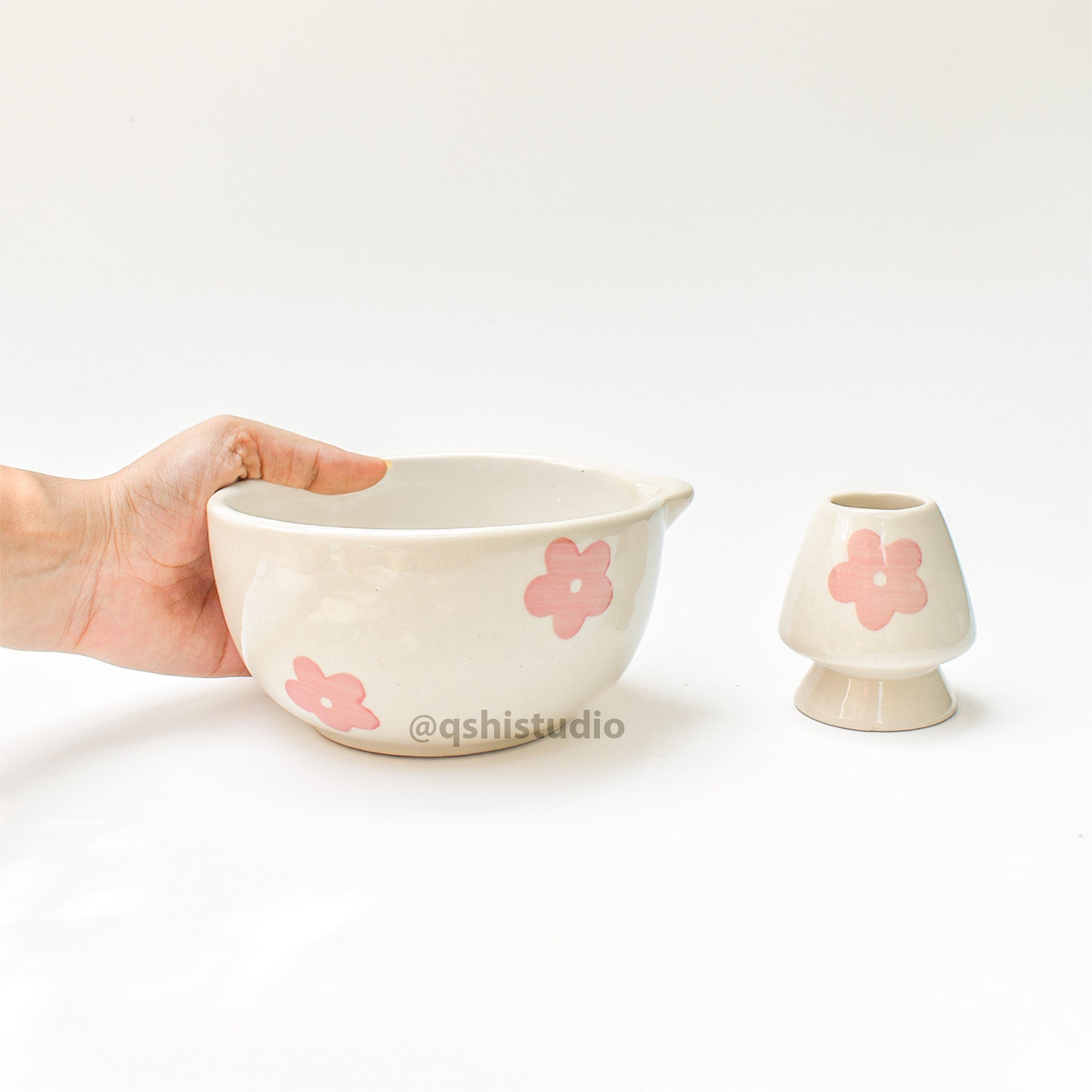 Ceramic Matcha bowl & Whisk Holder - Pink Flower