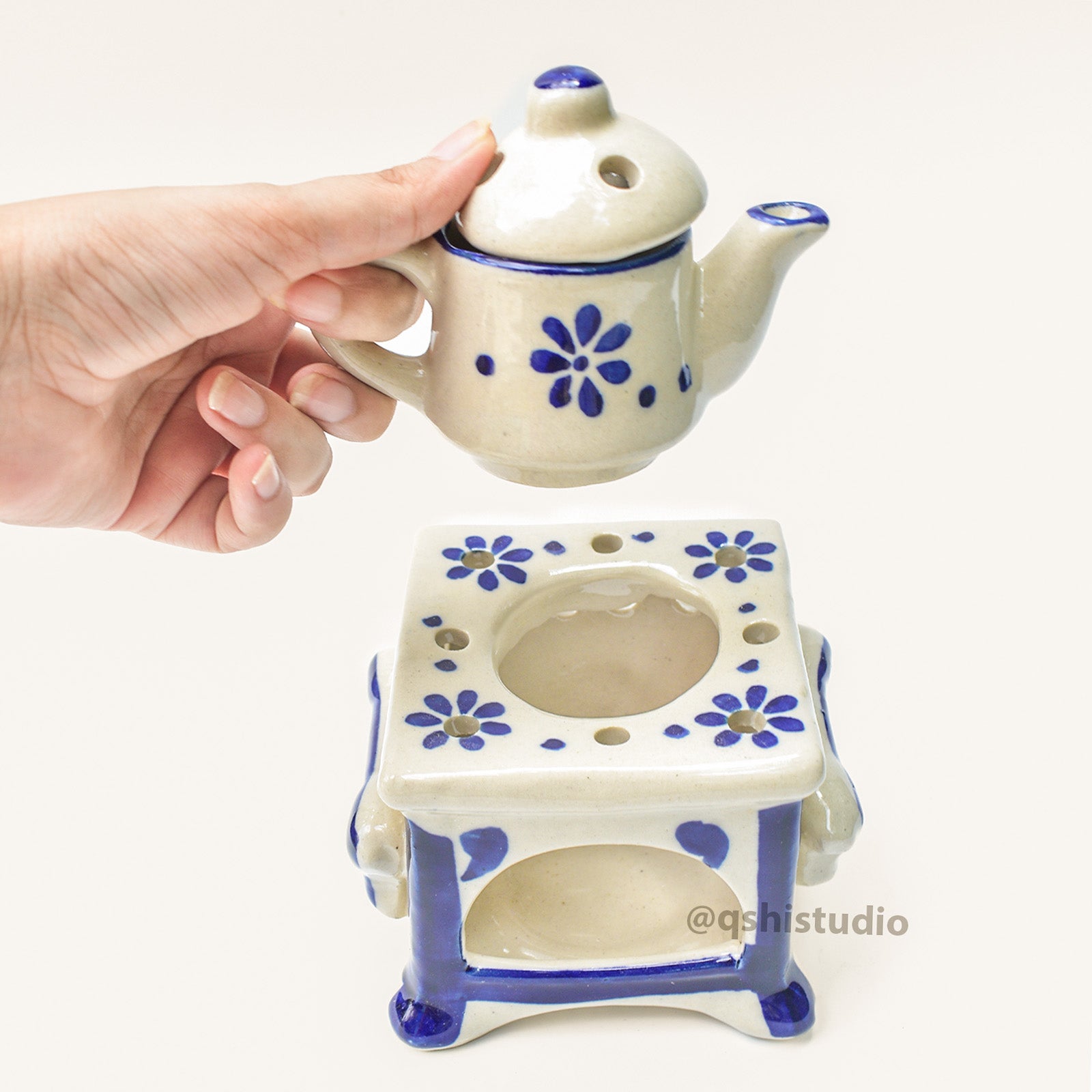 Ceramic Blue Tea-Kettle Aromatherapy Burner
