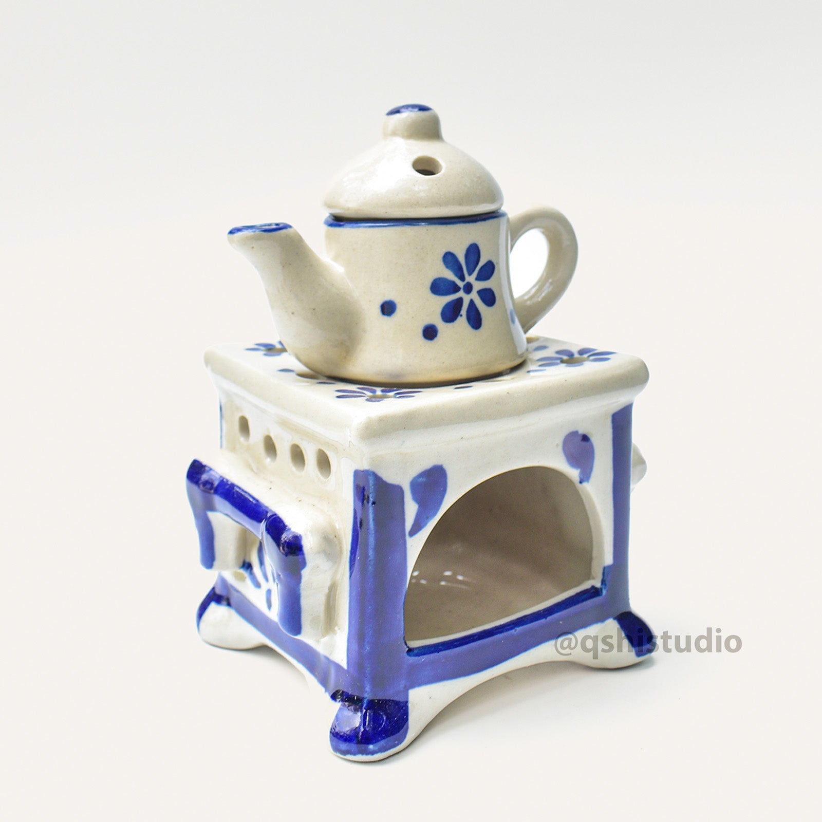 Ceramic Blue Tea-Kettle Aromatherapy Burner