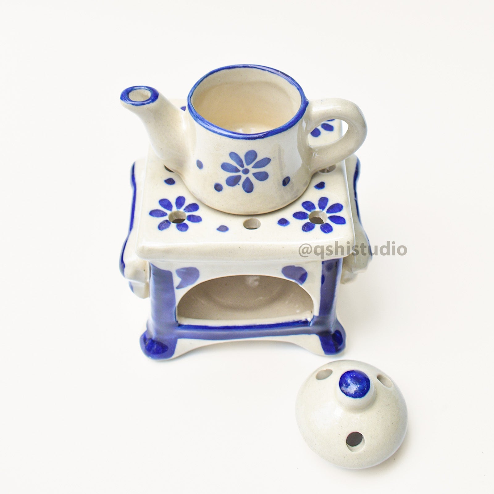 Ceramic Blue Tea-Kettle Aromatherapy Burner