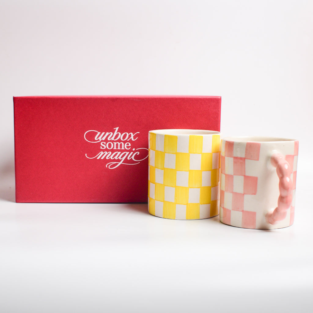 Pink & Yellow Checked Coffee Gift Set