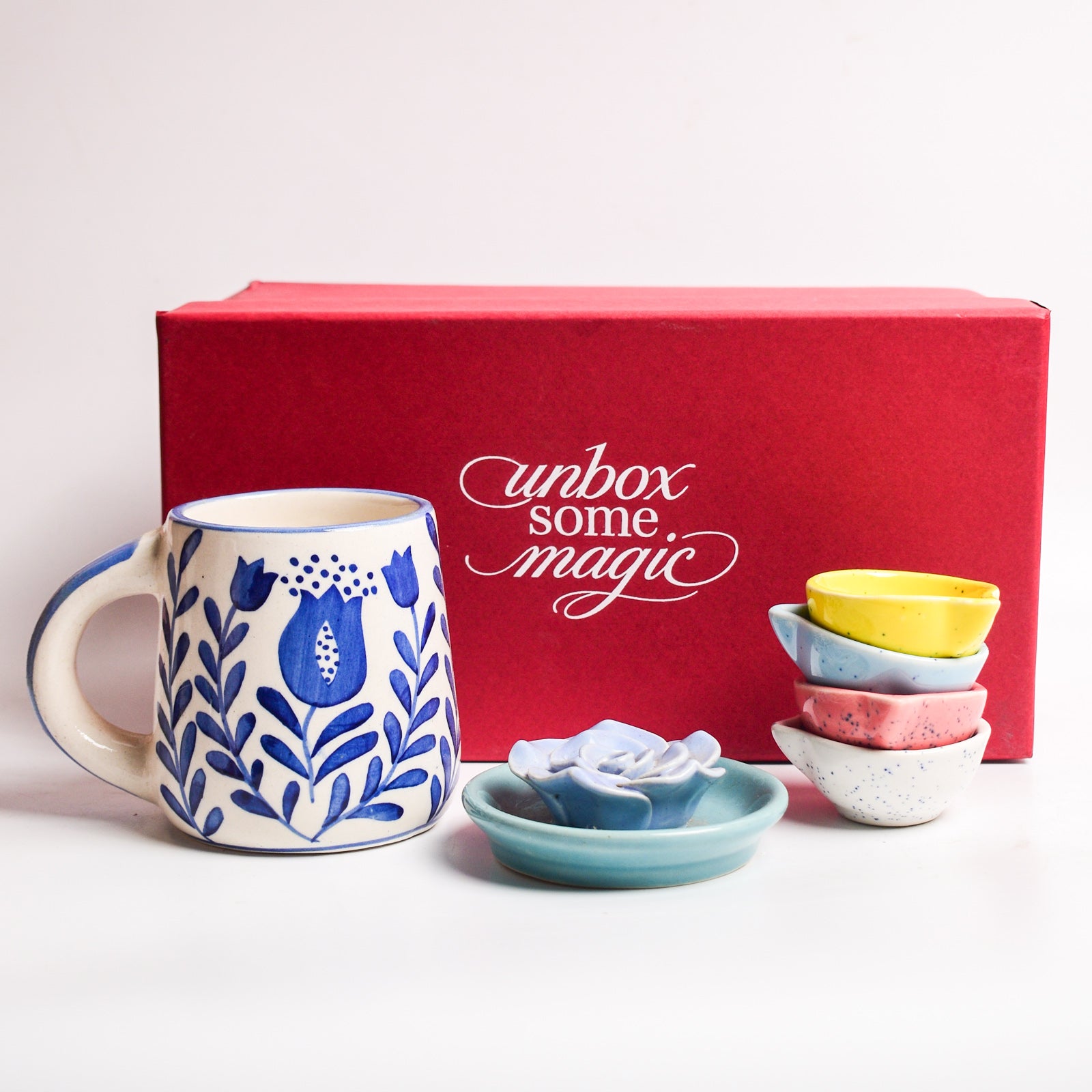 Blue Anar Mug, Blossom Stand & Diya Gift Set