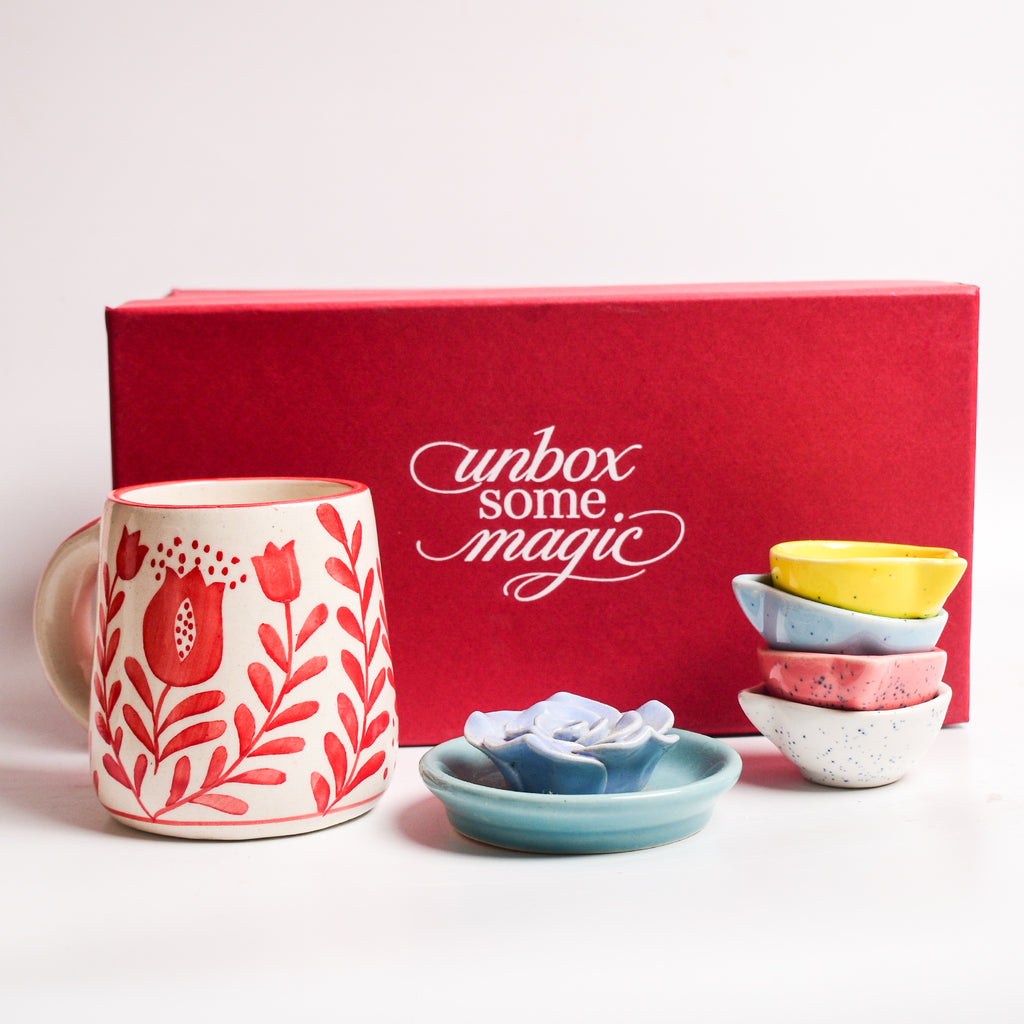 Red Anar Mug, Blossom Stand & Diya Gift Set