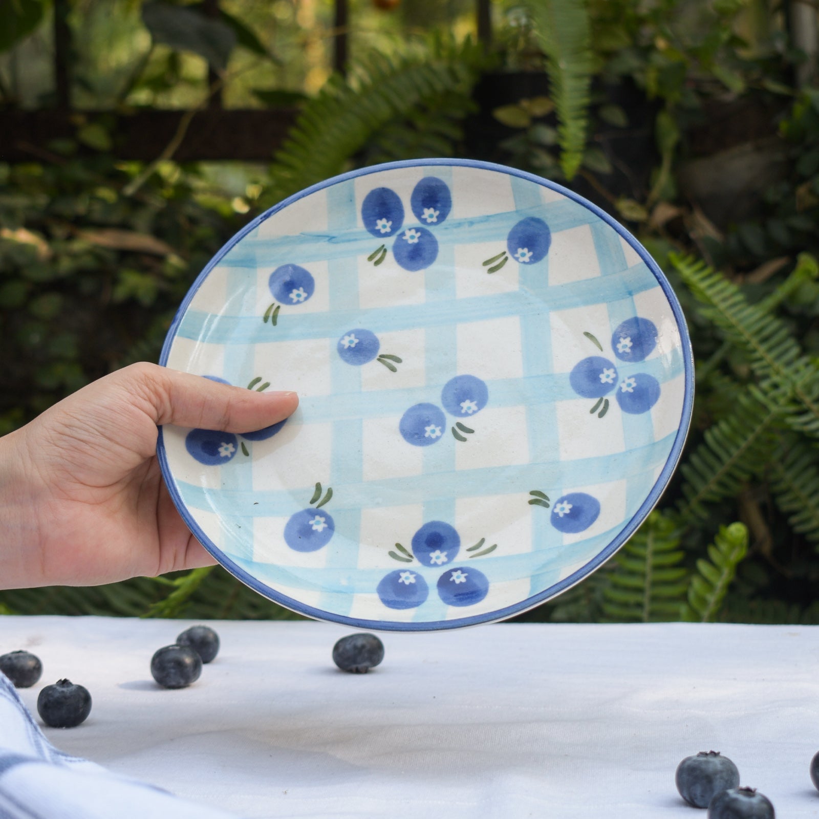 Ceramic Dessert Plate - Blueberry Checks | 7 Inches