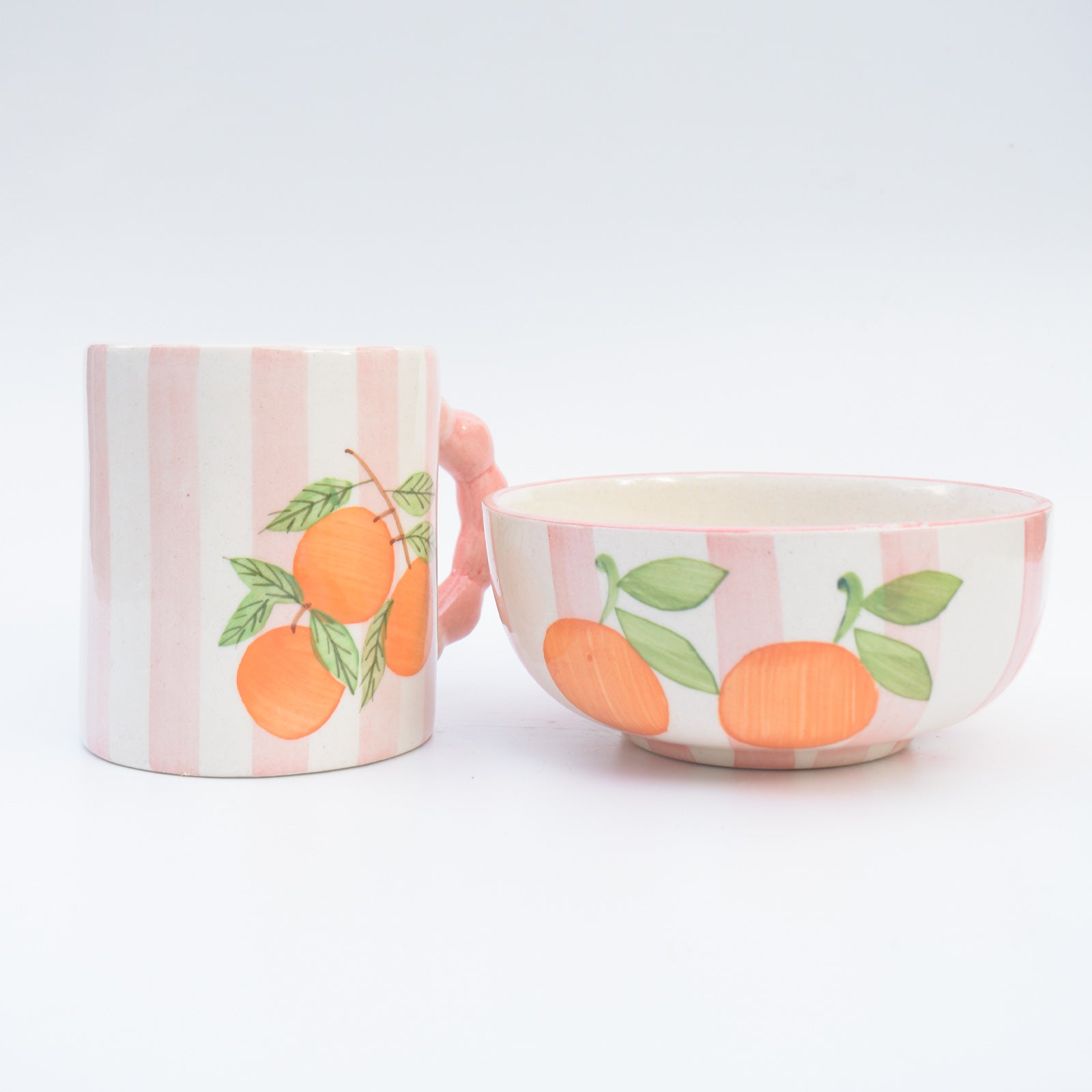 Breakast set - Pink Striped Orange Mug & Bowl
