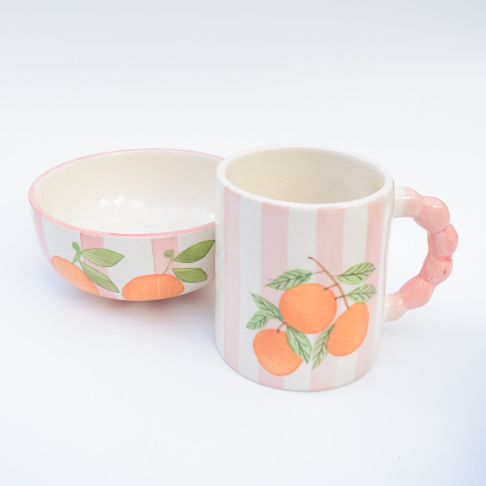 Breakast set - Pink Striped Orange Mug & Bowl