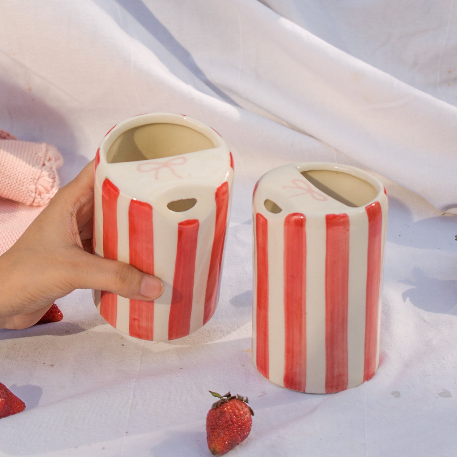 Ceramic Sip Tumbler - Red Striped Bow