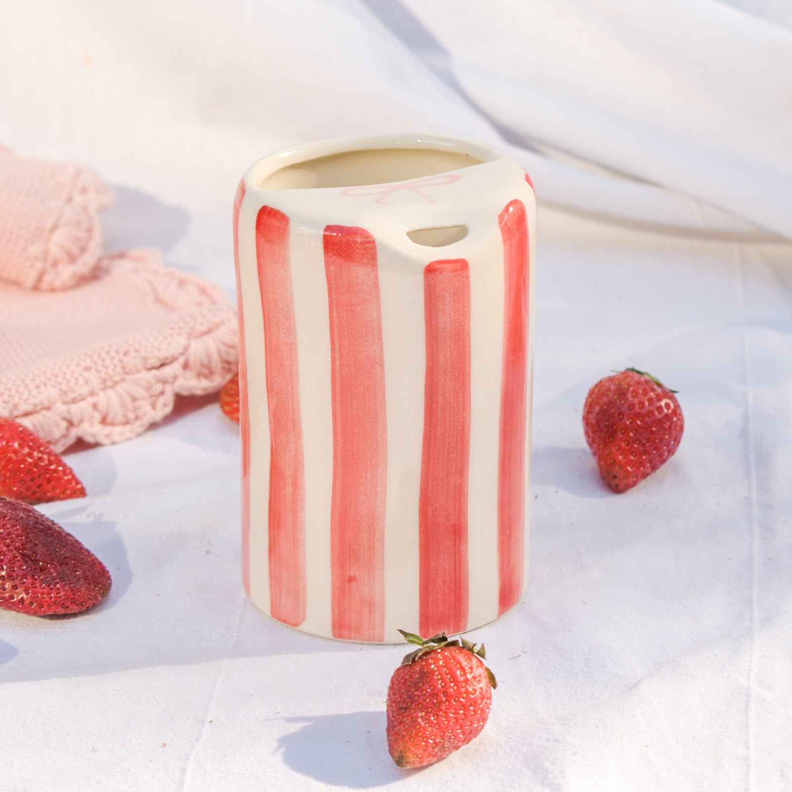 Ceramic Sip Tumbler - Red Striped Bow