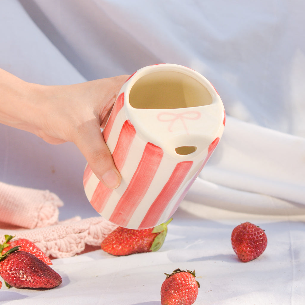 Ceramic Sip Tumbler - Red Striped Bow