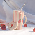 Ceramic Tumbler With Straw - Strawberry Pink Stripe