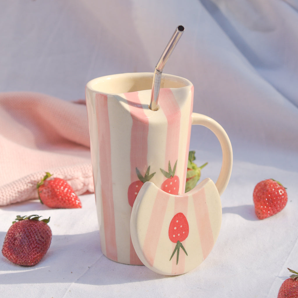 Ceramic Tumbler With Straw - Strawberry Pink Stripe