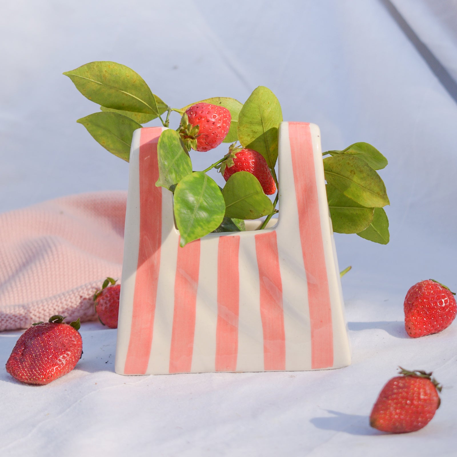 Small Bag Ceramic Vase - Pink Stripe