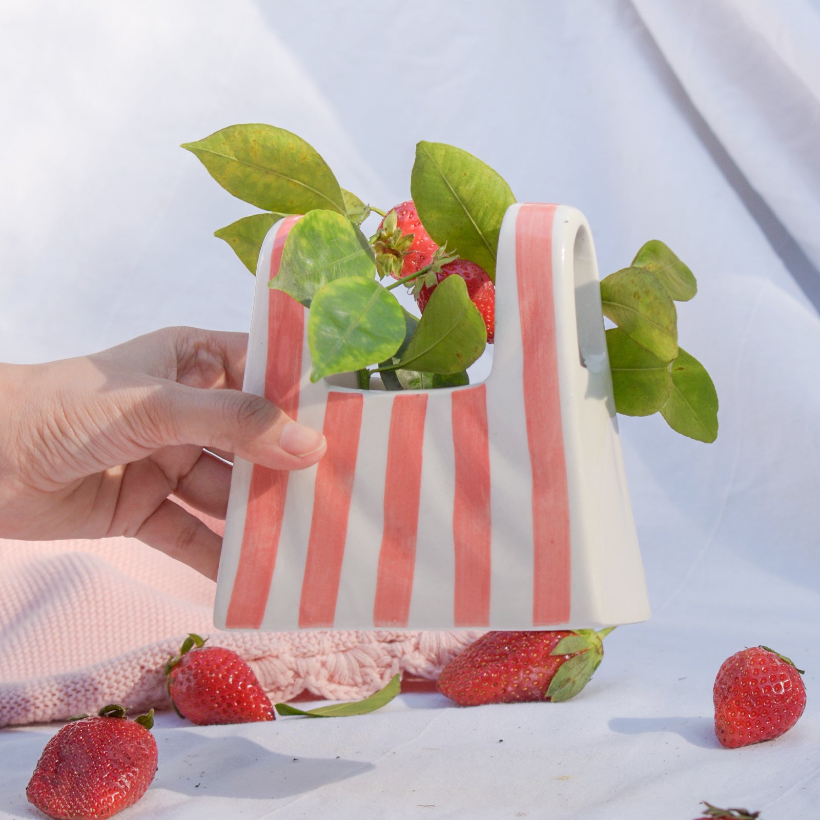 Small Bag Ceramic Vase - Pink Stripe