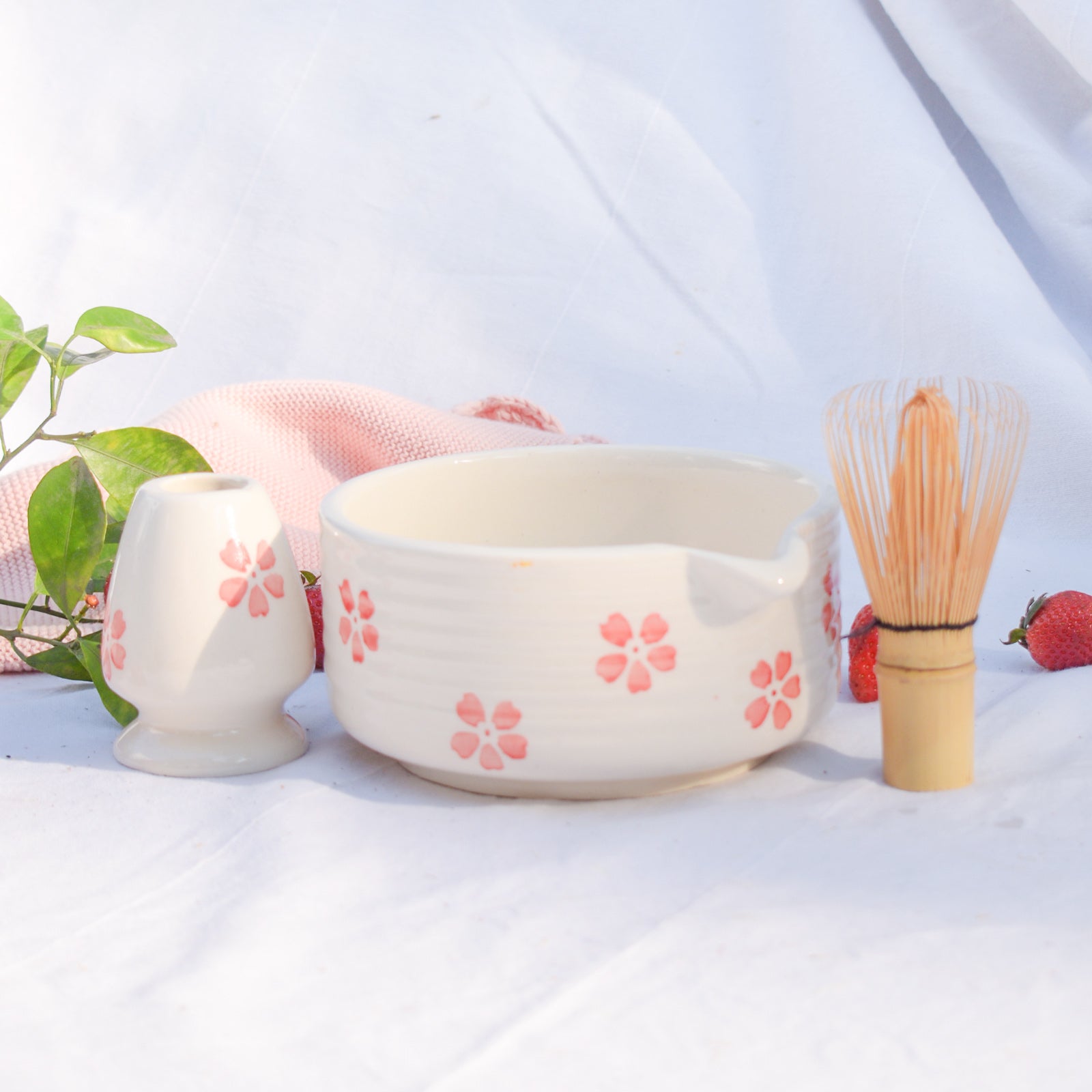 Ceramic Matcha Bowl & Whisk Holder - Cherry Blossom