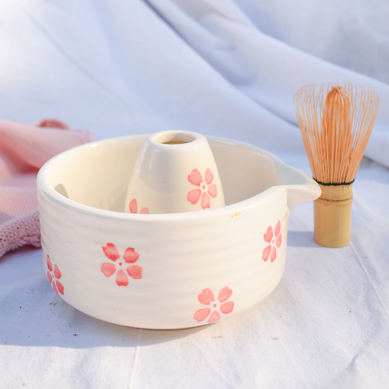 Ceramic Matcha Bowl & Whisk Holder - Cherry Blossom