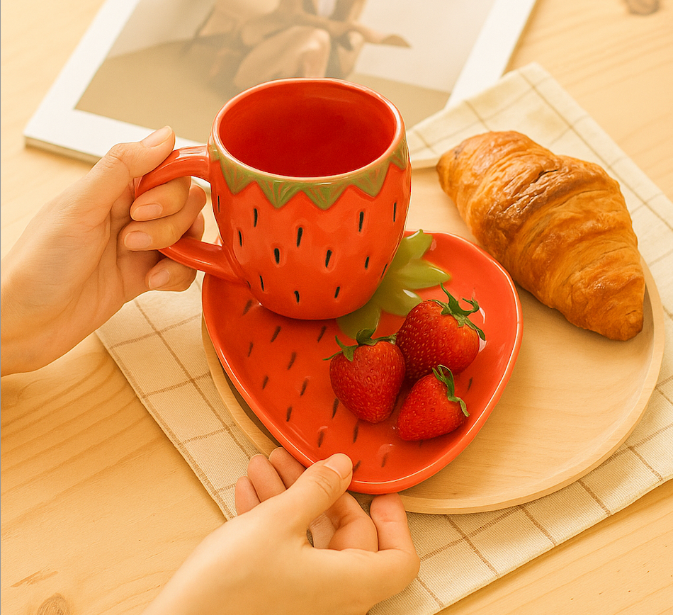 Red Strawberry Tea Cup & Plate Set