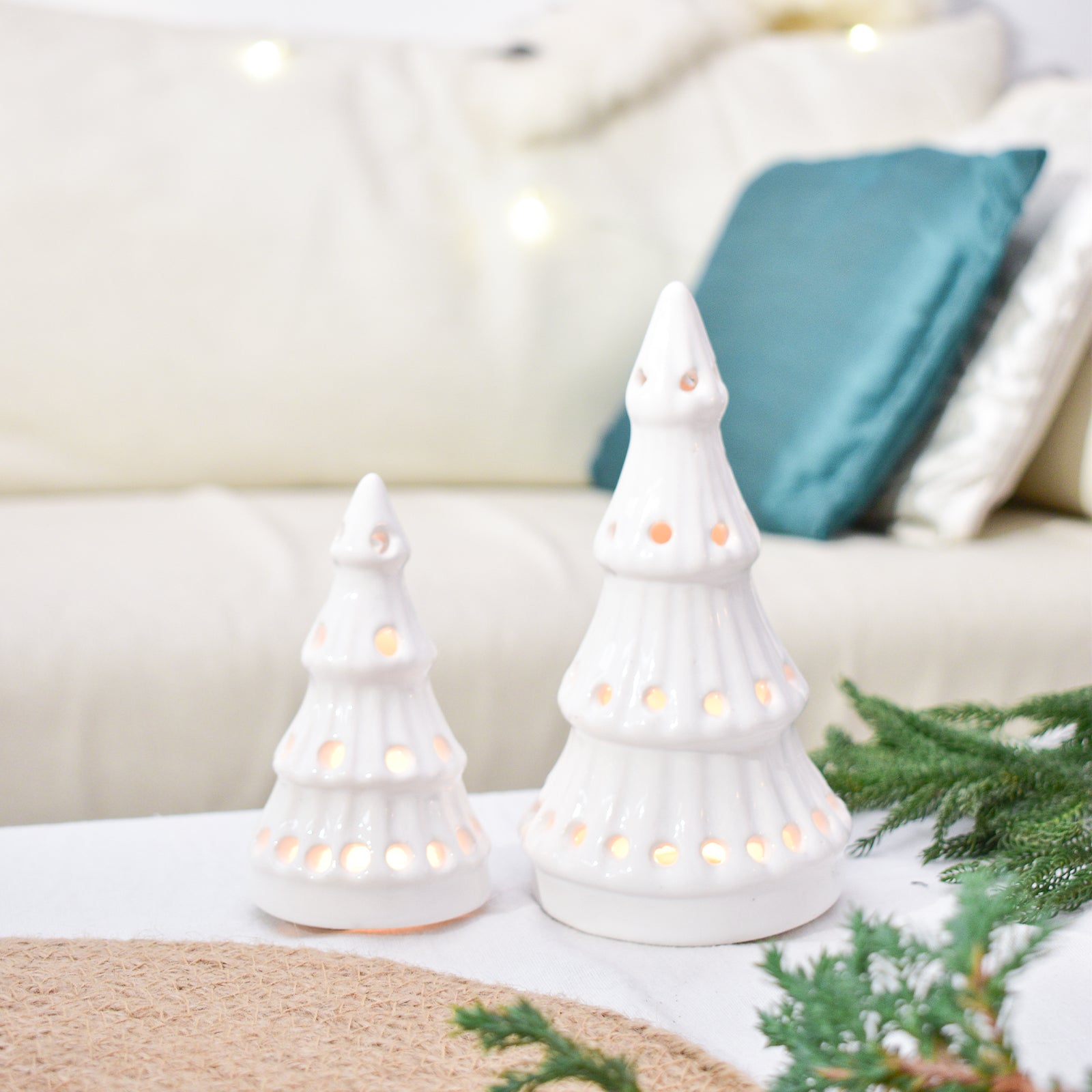 Ceramic Tealight holder  - White Christmas Trees ( Set of 2)