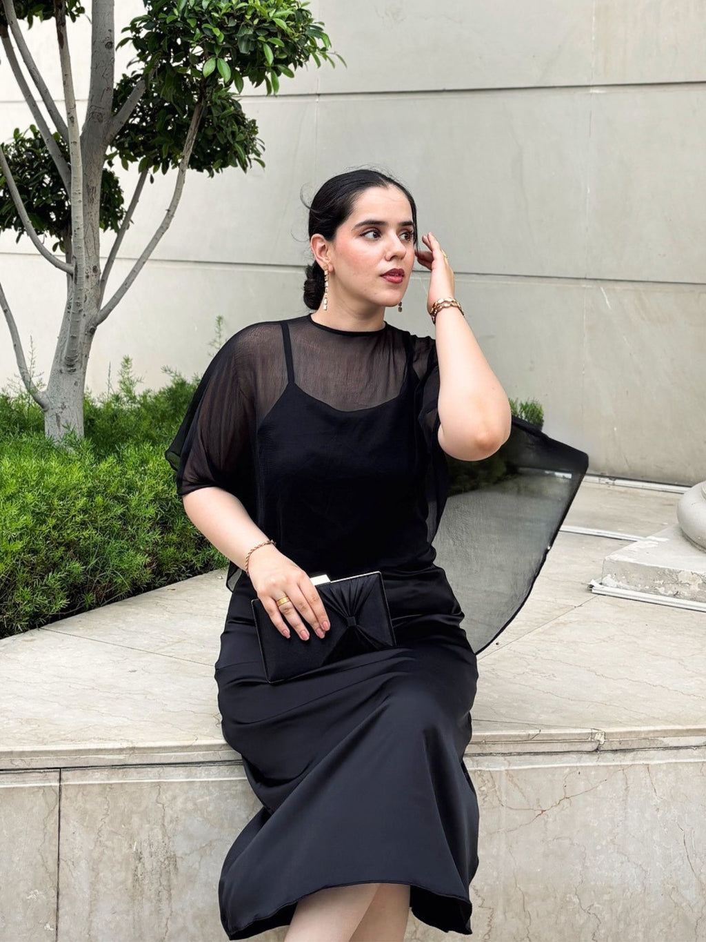 Black Satin Slip Dress With Dupatta