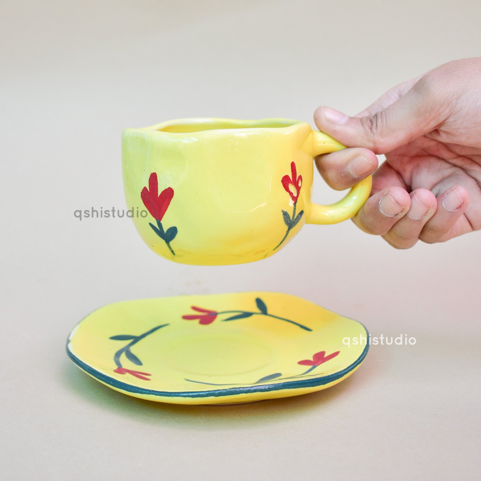 Handmade Ceramic Mug Saucer Set - Yellow Flower