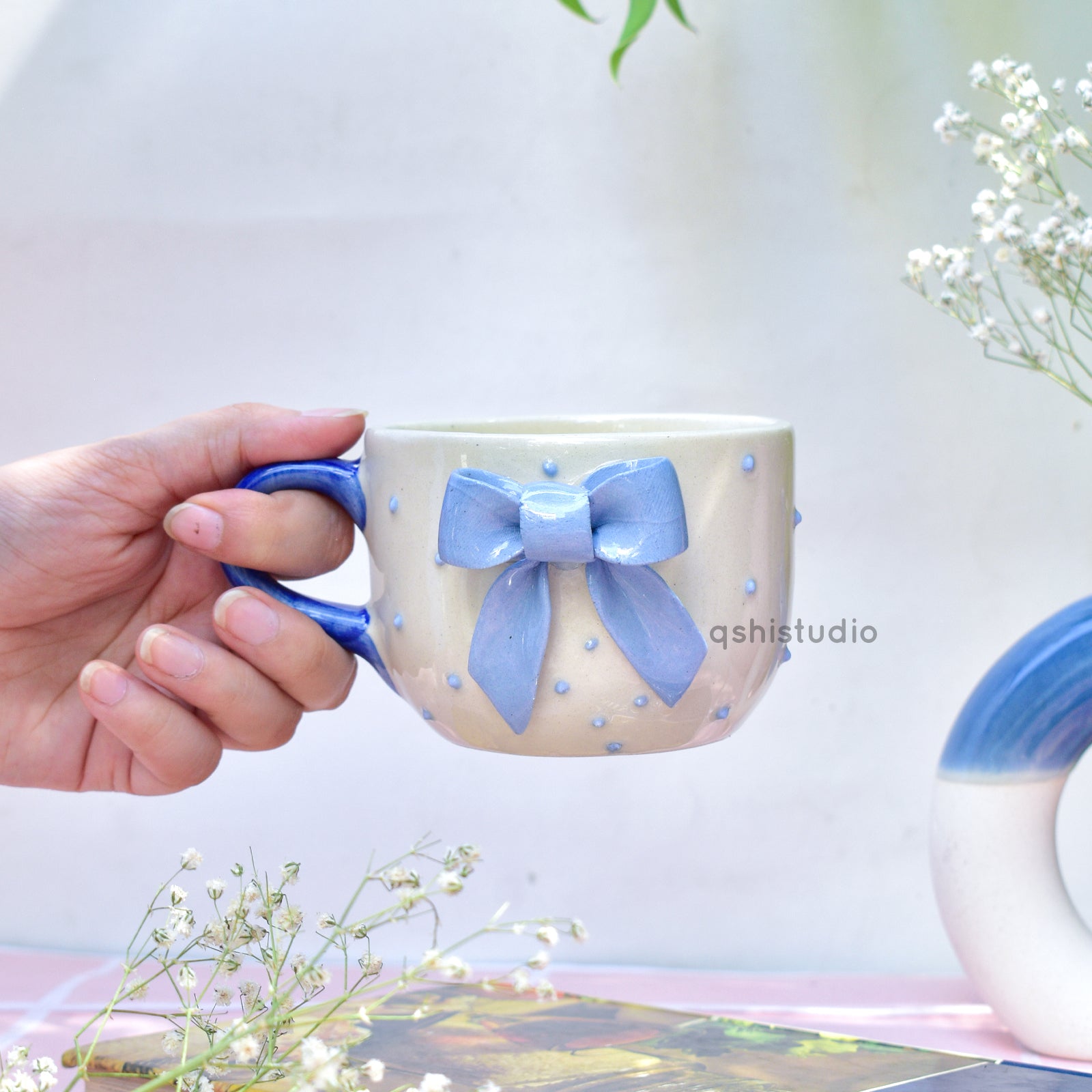 Ceramic Coffee Mug - Blue Bow